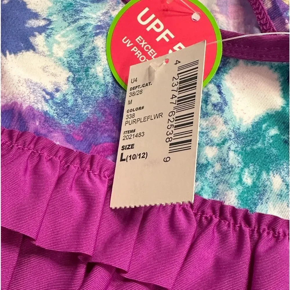 The Children’s Place Purple Ruffle Tie Dye One Piece Halter Swimsuit NEW Large